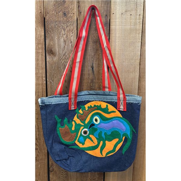 ORIGINAL PAUL JOHNNY WEARABLE ART DENIM BAG WITH HAND-STITCH FLANNEL APPLIQUE DESIGN