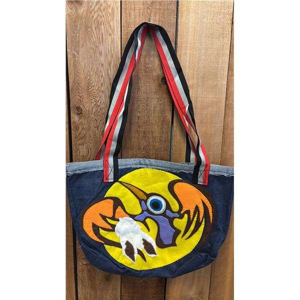 ORIGINAL PAUL JOHNNY WEARABLE ART DENIM BAG WITH HAND-STITCH FLANNEL APPLIQUE DESIGN