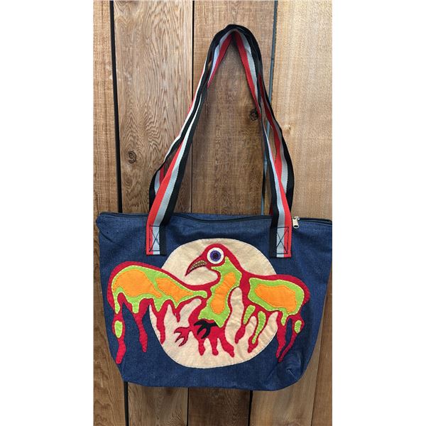 ORIGINAL PAUL JOHNNY WEARABLE ART DENIM BAG WITH HAND-STITCH FLANNEL APPLIQUE DESIGN