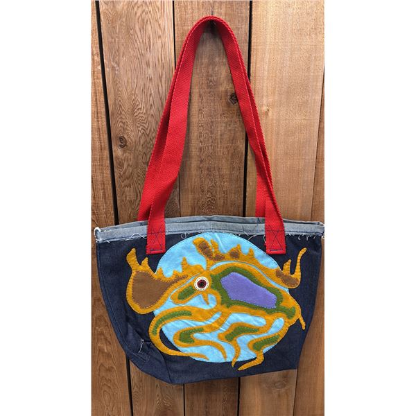 ORIGINAL PAUL JOHNNY WEARABLE ART DENIM BAG WITH HAND-STITCH FLANNEL APPLIQUE DESIGN