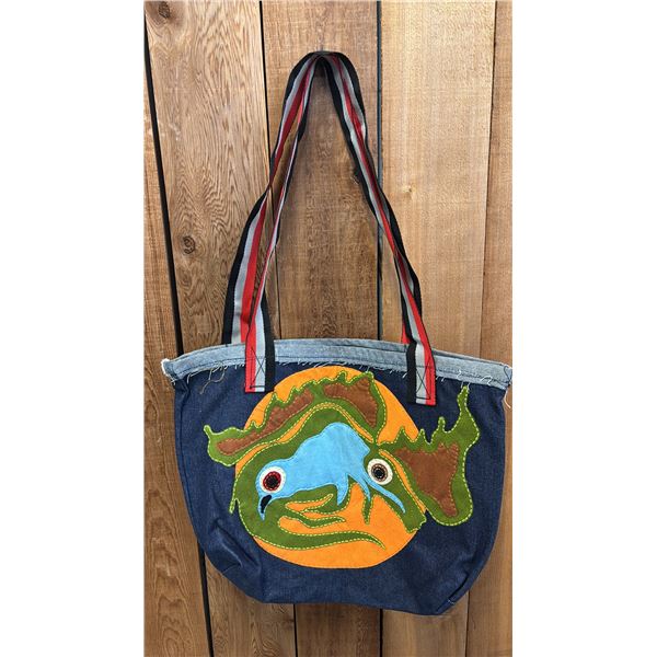 ORIGINAL PAUL JOHNNY WEARABLE ART DENIM BAG WITH HAND-STITCH FLANNEL APPLIQUE DESIGN