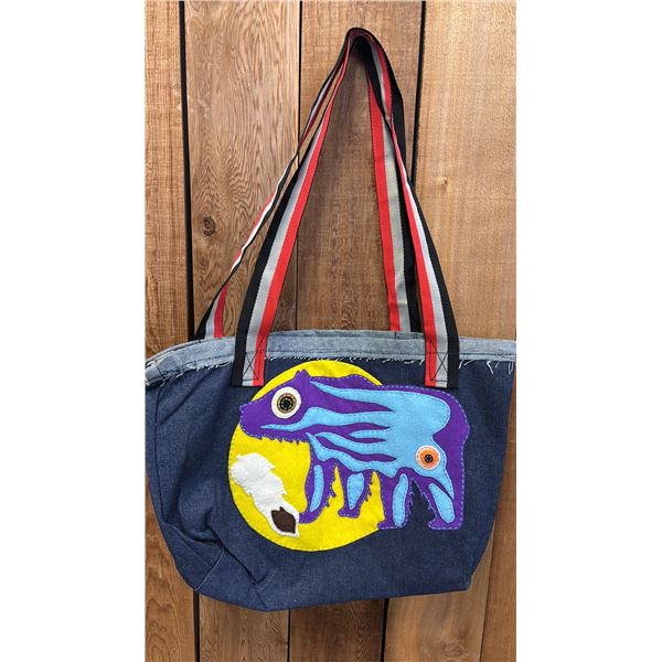 ORIGINAL PAUL JOHNNY WEARABLE ART DENIM BAG WITH HAND-STITCH FLANNEL APPLIQUE DESIGN