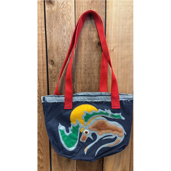 ORIGINAL PAUL JOHNNY WEARABLE ART DENIM BAG WITH HAND-STITCH FLANNEL APPLIQUE DESIGN