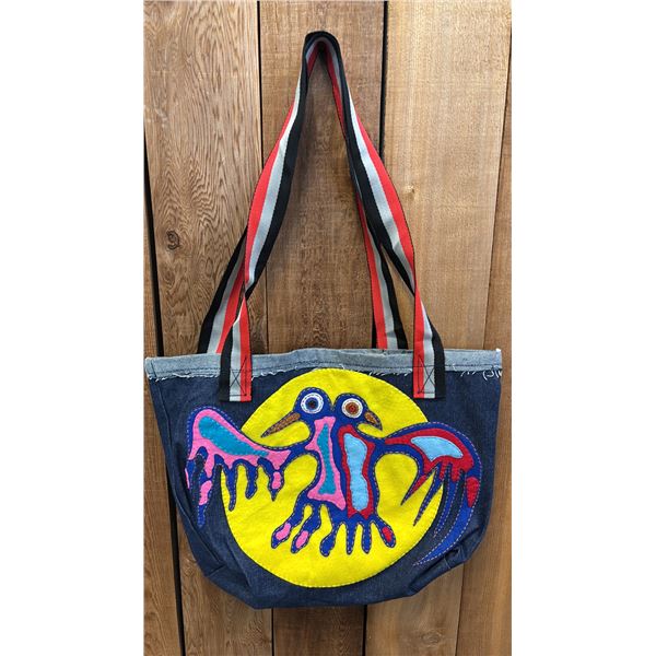 ORIGINAL PAUL JOHNNY WEARABLE ART DENIM BAG WITH HAND-STITCH FLANNEL APPLIQUE DESIGN
