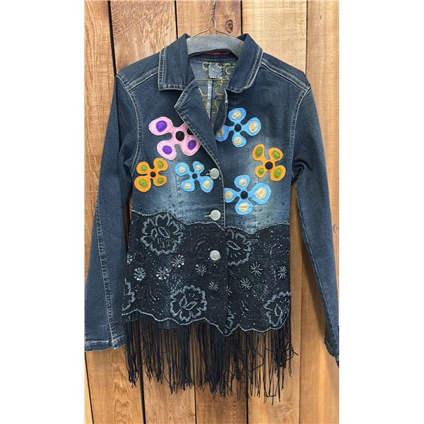 ORIGINAL PAUL JOHNNY WEARABLE ART DENIM JACKET WITH HAND-STICHED FLANNEL & BEAD APPLIQUE DESIGN