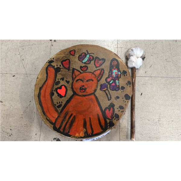 HAND PAINTED ANIMAL SKIN DRUM WITH DRUMSTICK