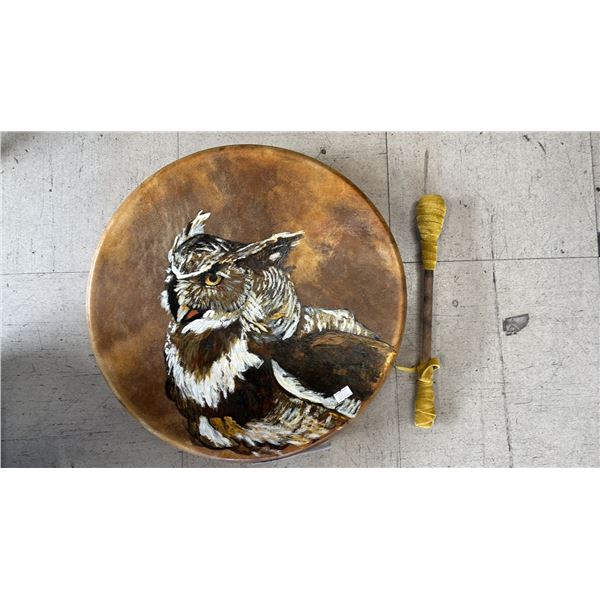 HAND PAINTED OWL ANIMAL SKIN DRUM WITH DRUMSTICK