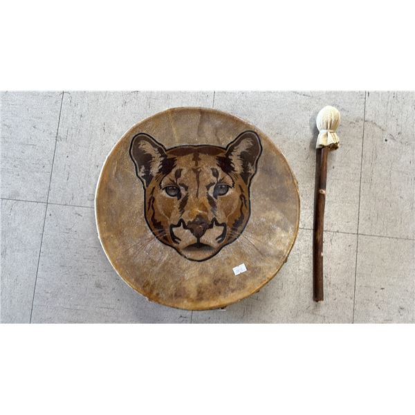 PRESSED COUGAR ANIMAL SKIN DRUM WITH DRUMSTICK