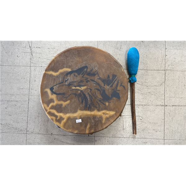 PRESSED WOLF ANIMAL SKIN DRUM WITH DRUMSTICK
