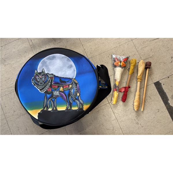 OSCARDO FIRST NATIONS DRUM BAG & ASSORTED DRUMSTICKS