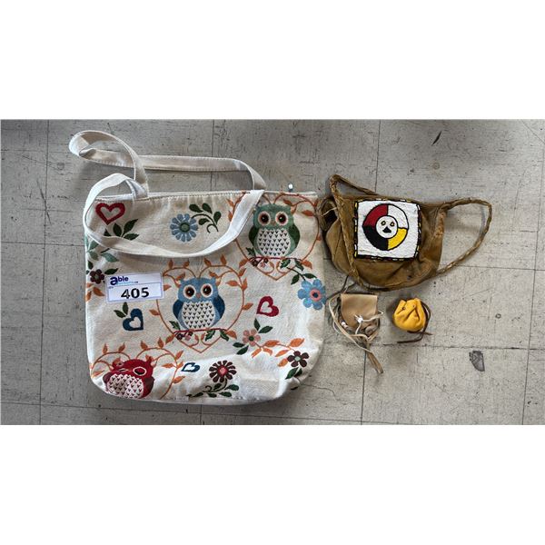(4) ASSORTED SIZE BAGS; MEDICINE BAG, COIN BAG, HAND BAG & SHOULDER BAG
