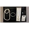 Image 1 : TRAY OF PEARL NECKLACE & BRACELET, BAROQUE PEARL PENDANT, RHINESTONE BRACELET & SWAROVSKI PENDANT &