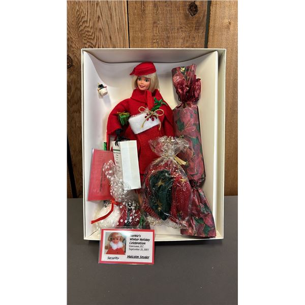VINTAGE BARBIE WITH CUSTOM WINTER HOLIDAY OUTFIT & CHRISTMAS CRACKER