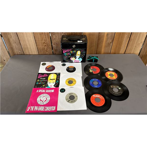 VINTAGE BLACK VINYL BARBIE TUNE TOTE 45 RPM RECORD CARRYING CASE W/ASSTD. 45 RPM RECORDS