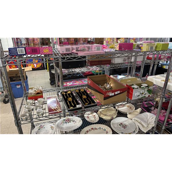 SHELF OF VTG SILVER PLATED FLATWARE, CONCH SHELL SHAPED SPOON SETS, CERAMIC NAPKIN HOLDERS & MORE