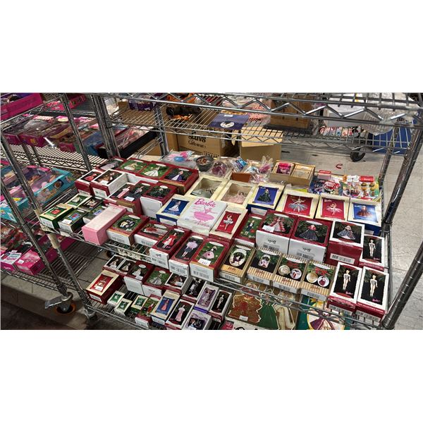 SHELF OF ASSORTED BARBIE ORNAMENTS: ALL BUT 2 ARE HALLMARK KEEPSAKES ORNAMENTS
