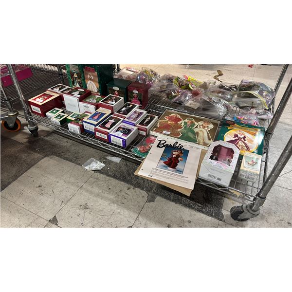 SHELF OF ASSORTED HALLMARK KEEPSAKES BARBIE ORNAMENTS, BARBIE HOLIDAY GREETING CARDS & MORE
