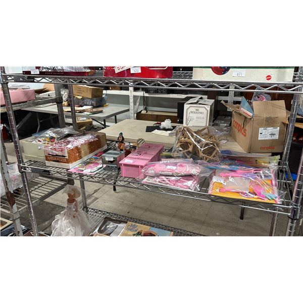 SHELF OF ASSORTED BARBIE WICKER FURNITURE, LOCKER, HOSTESS SET, CLOTHING & MORE