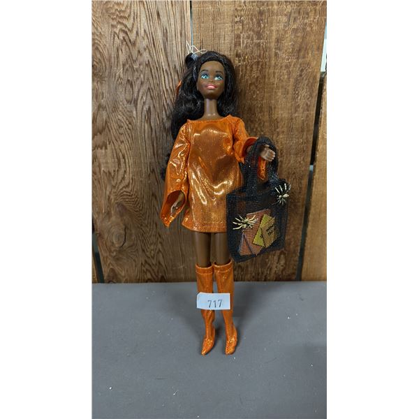 VINTAGE CHRISTIE DOLL WITH CUSTOM METALLIC ORANGE OUTFIT & MESH BAG