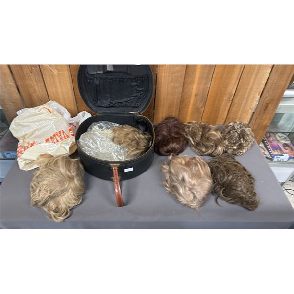 VINTAGE ZIPPERED CARRY CASE OF ASSORTED WIGS