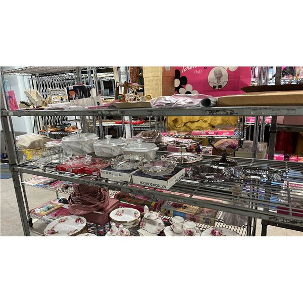 SHELF OF VINTAGE LIDDED CASSEROLE DISHES, FLORAL BON BON DISHES, SILVER PLATED CANDELABRA & MORE