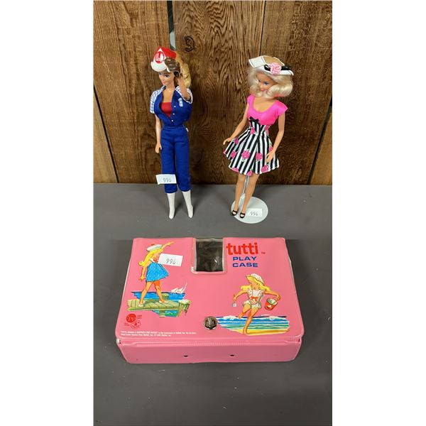 2 VINTAGE BARBIES (1 WITH STAND) & 1965 PINKY VINYL TUTTI PLAY CASE WITH ASSTD. VTG CLOTHES