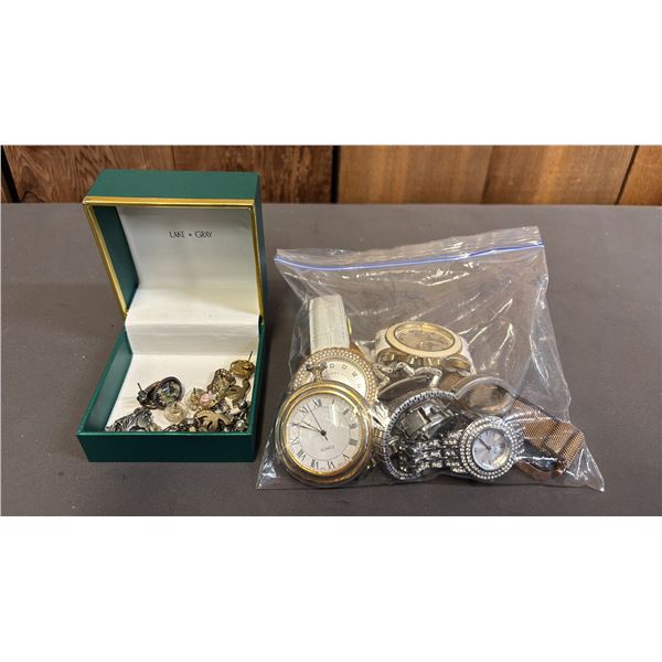 BOX OF ASSORTED EARRINGS & BAG OF ASSORTED WATCHES