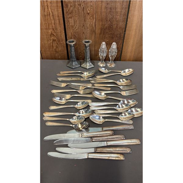 BOX OF VTG. METAL CANDLESTICKS, GLASS SALT & PEPPER SHAKERS & ASSTD. SILVER PLATED FLATWARE