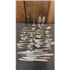 Image 1 : BOX OF VTG. METAL CANDLESTICKS, GLASS SALT & PEPPER SHAKERS & ASSTD. SILVER PLATED FLATWARE