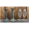 Image 2 : BOX OF VTG. METAL CANDLESTICKS, GLASS SALT & PEPPER SHAKERS & ASSTD. SILVER PLATED FLATWARE