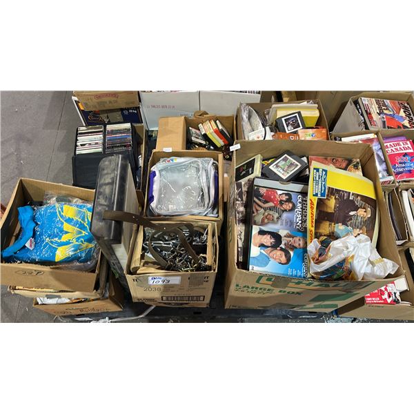 PALLET OF ASSORTED ITEMS INCLUDING DVD'S,  CASSETTES, CDS AND MORE