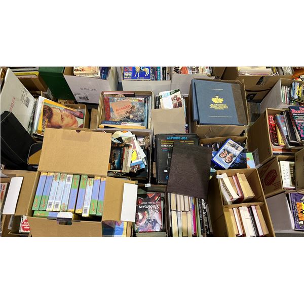 PALLETS OF ASSORTED BOOKS, VHS TAPES, CASSETTES AND MORE