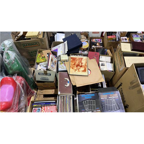 PALLET OF ASSORTED VINYL RECORDS, BOOKS AND SPORTS CARD EMPTY PAGES