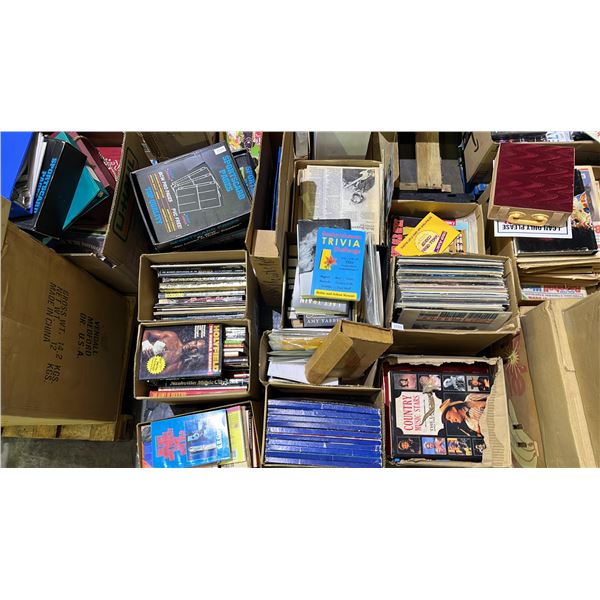 PALLET OF ASSORTED BOOKS, VINYL RECORDS, SPORTS CARD EMPTY PAGES AND MORE