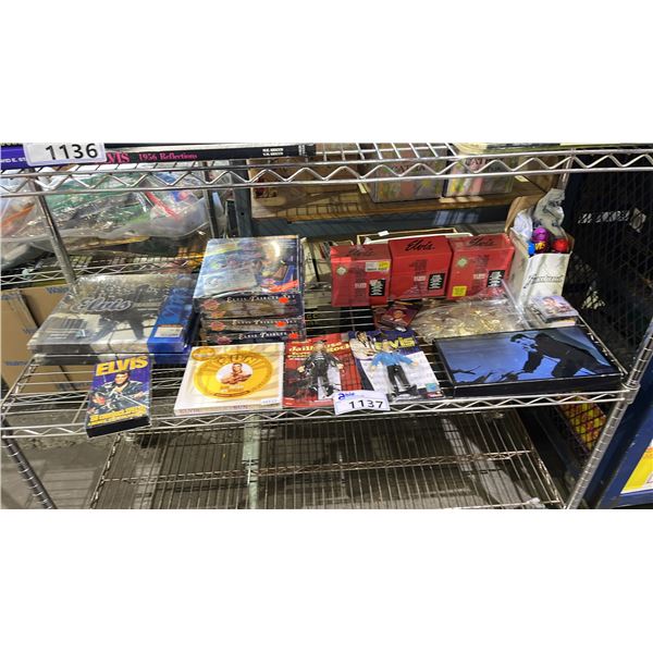 SHELF OF ASSORTED ELVIS PRESLEY COLLECTABLE ITEMS