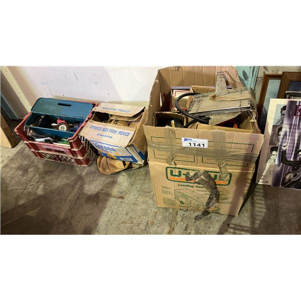 (3) BOXES OF ASSORTED ITEMS INCLUDING TOOLS, HEAVY DUTY HANGING LIGHTS , TOOL BOX AND MORE