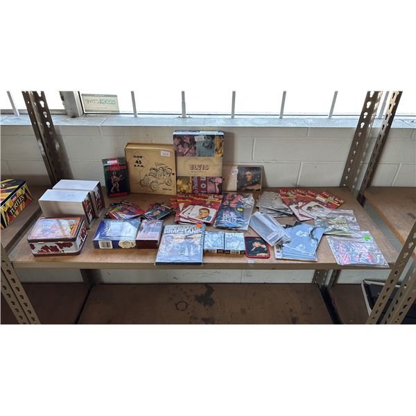 SHELF OF ASSTD. COLLECTIBLES: GENE AUTRY COLLECTOR CARDS, ELVIS COLOGNE & DEODORANT SET,