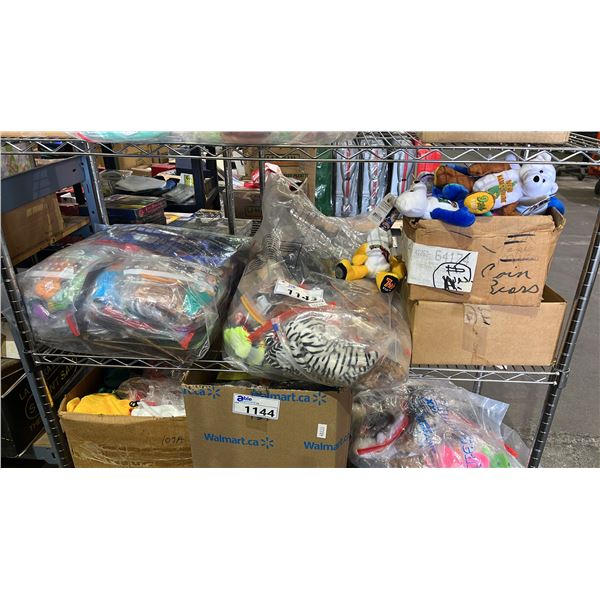 SHELF LOT OF ASSORTED KIDS PLUSH TOYS AND COIN BEARS