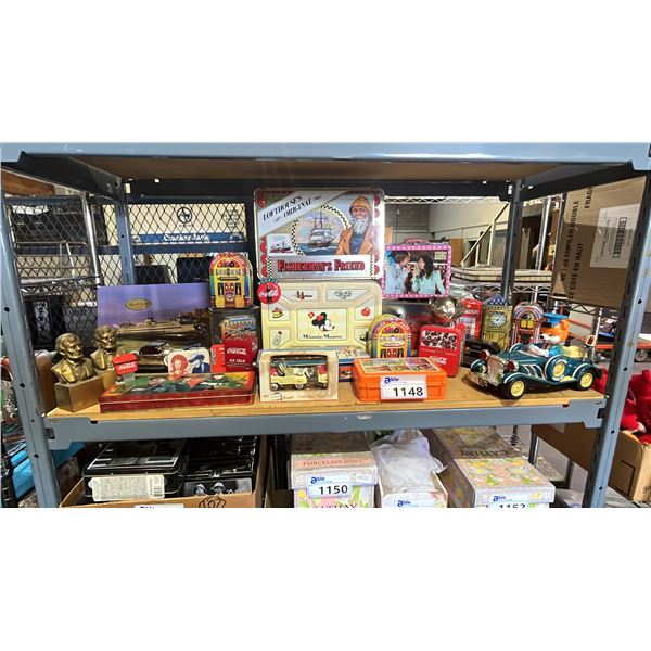 SHELF LOT OF ASSORTED VINTAGE COLLECTABLE TINS CONTAINERS, TOY CARS, FIGURINE'S AND MORE