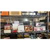 Image 1 : SHELF LOT OF ASSORTED VINTAGE COLLECTABLE TINS AND CLASSIC AM/FM RADIO