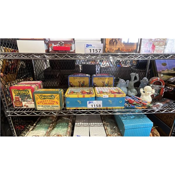 SHELF LOT OF ASSORTED ITEMS INCL, VINTAGE COLLECTABLE TIN BOXES, CRAYOLA COLLECTORS COLORS AND MORE