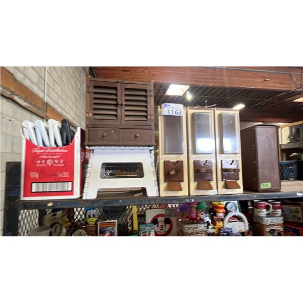 SHELF OF ASSORTED ITEMS INCLUDING CANDY MACHINE, VINYL RECORD EMPTY CASE, SMALL STOOLS AND MORE