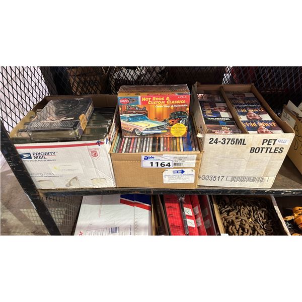 (3) BOXES OF ASSORTED CDS, VHS TAPES AND DVDS