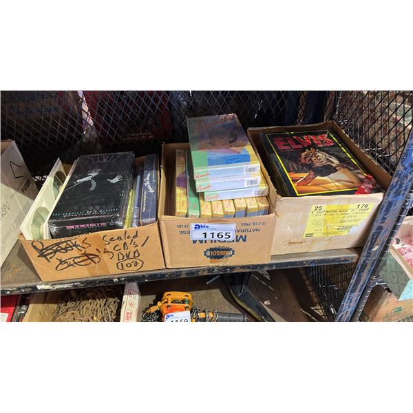 (3) BOXES OF ASSORTED CASSETTES, ELVIS MUSICAL POP UP AND CDS