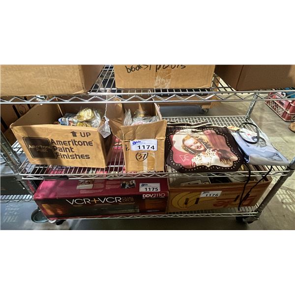 SHELF LOT OF ASSORTED COLLECTABLE ITEMS INCL. ELVIS PRESLEY HAND BAG, TAGS AND MORE