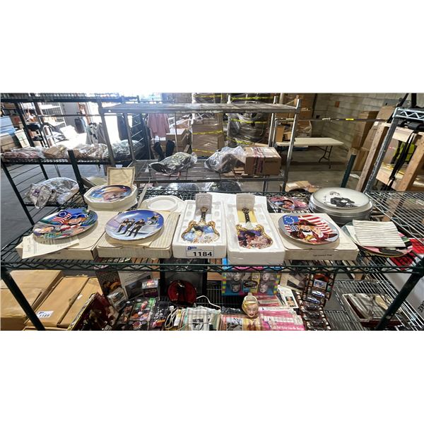 SHELF OF ASSORTED COLLECTABLE PLATES WITH BOX