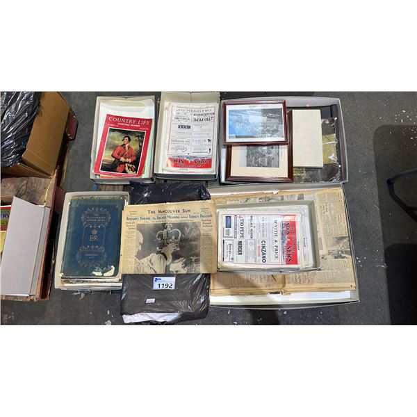 PALLET OF ASSORTED VINTAGE MAGAZINES, NEWSPAPERS & WALL ART: COUNTRY LIFE, VANCOUVER SUN, THE