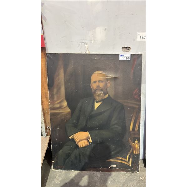 LARGE VINTAGE PAINT ON STRETCHED CANVAS PORTRAIT *CANVAS HAS SOME TEARS* 45" X 34"