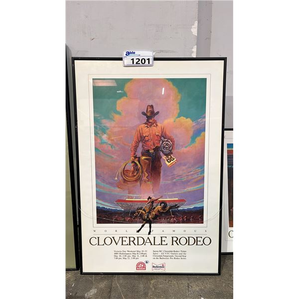 VINTAGE FRAMED 1989 CLOVERDAL RODEO & EXPEDITION POSTER: APPROX. 30.5" X 20"