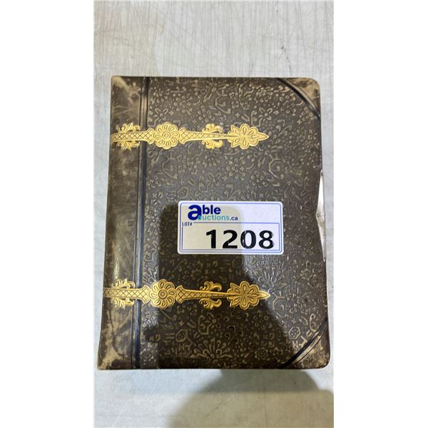 ANTIQUE LEATHER-BOUND GILDED PHOTO ALBUM WITH PHOTOS: SIDE LATCH IS MISSING